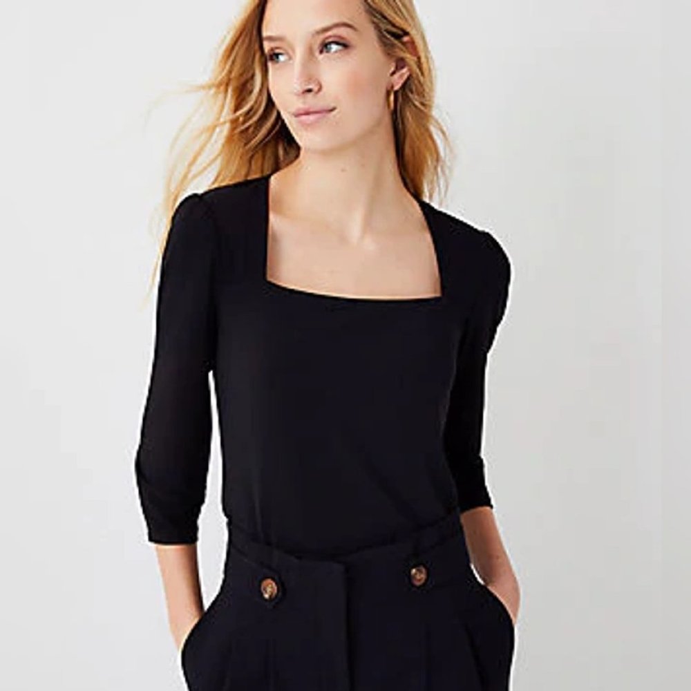 Ann Taylor Matte Black Jersey Envelope Neck Top